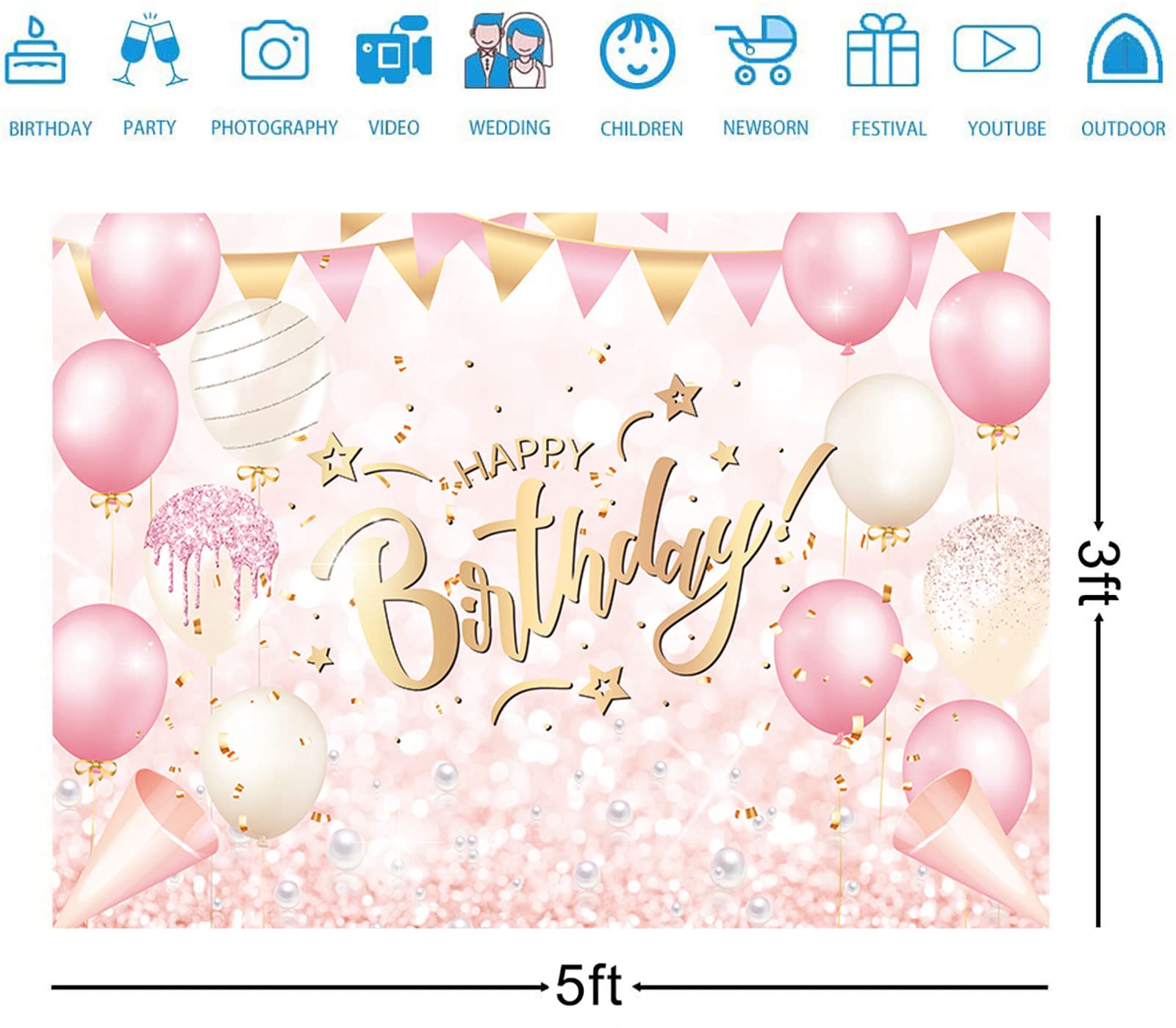 Happy Birthday Backdrop Banner 72x44 Inches - Rose Gold Glitter Floral Photo Background For Parties