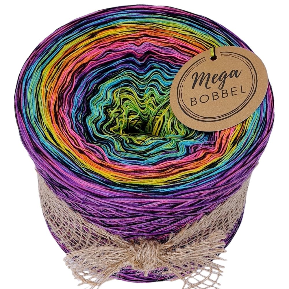 MegaBobbel*Farbstrudel mit Schwarz*A148-S* Farbverlaufsgarn - Lace Garn Bobbel Wolle zum Häkeln & Stricken - 50% Baumwolle/50% Polyacryl (4 fädig, 3750m)