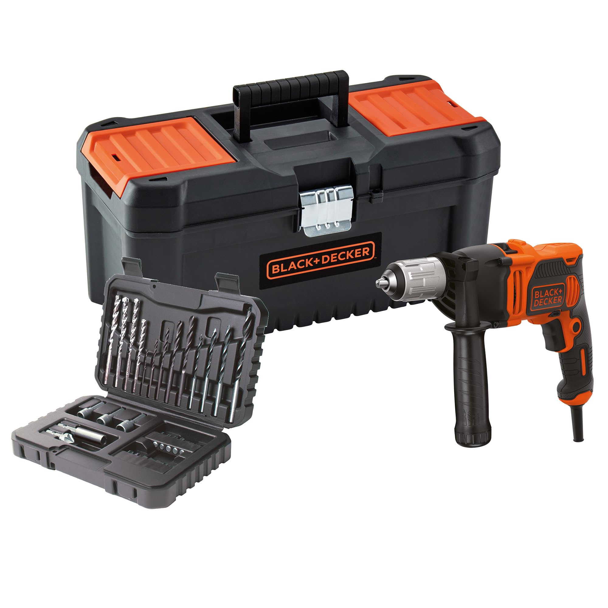 BLACK+DECKER Taladro percutor 850W con 32 accesorios, velocidad variable, portabrocas sin llave, función de impacto, BEH850KA32-QS