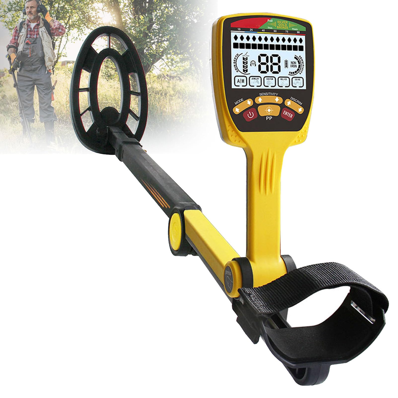 Metal detector impermeabile con cuffie, display LCD ad alta precisione, design pieghevole, ideale per la caccia all'oro e al tesoro