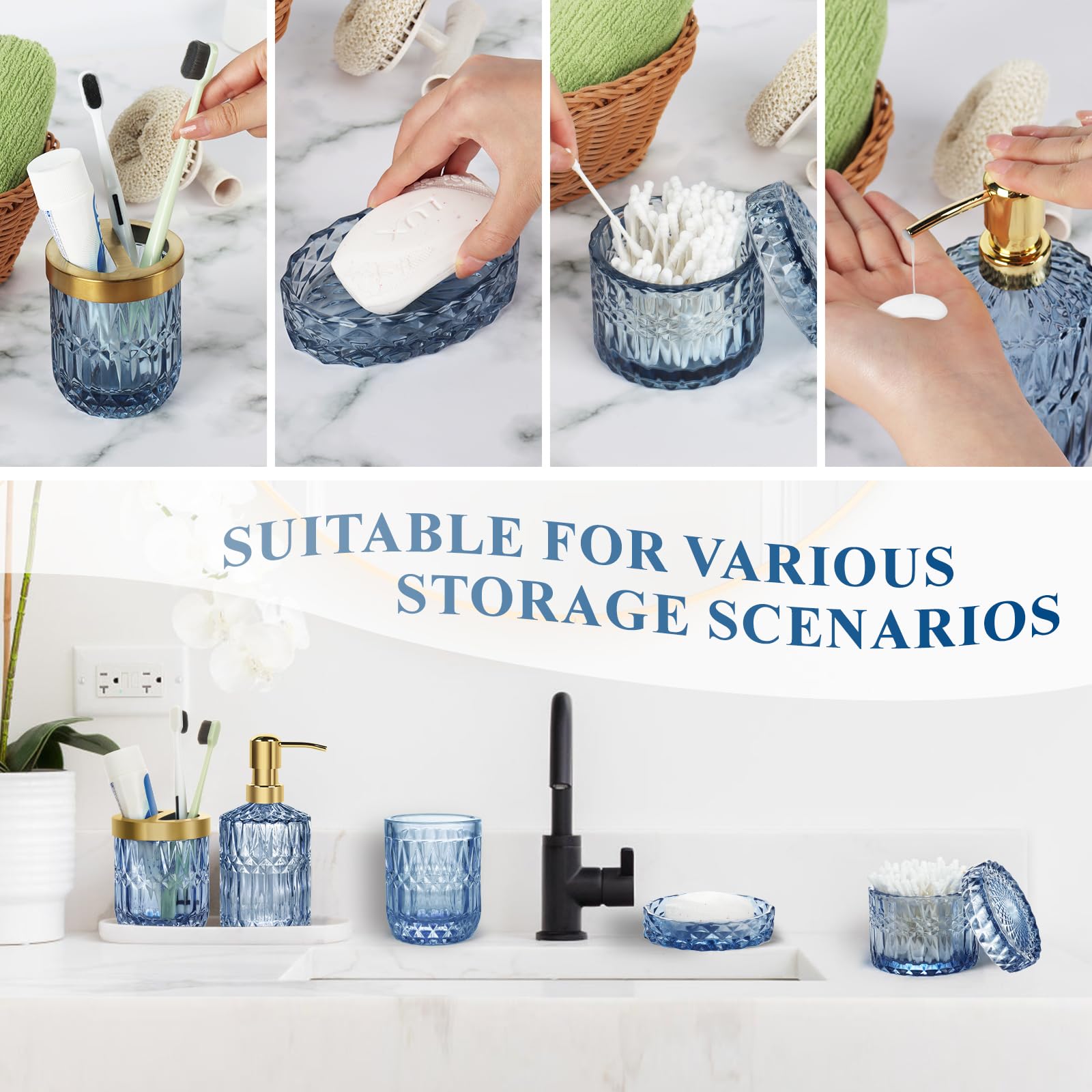 Ensemble de Salle de Bain 5 pièces en Verre, Accessoires de Salle de Bain en Verre, Distributeur de Savon Moderne, Porte-Savon, Porte-Brosse à Dents, bidon de Cotons-tiges, gobelet (Bleu)
