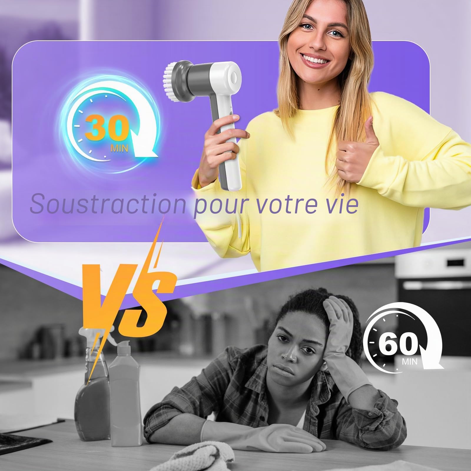 Brosse de Nettoyage Électrique de Bain, Brosse de Nettoyage sans Fil avec 5 Têtes Interchangeables, Recharge USB-C, Idéale pour Carrelage, Baignoire, Joints et Cuisine