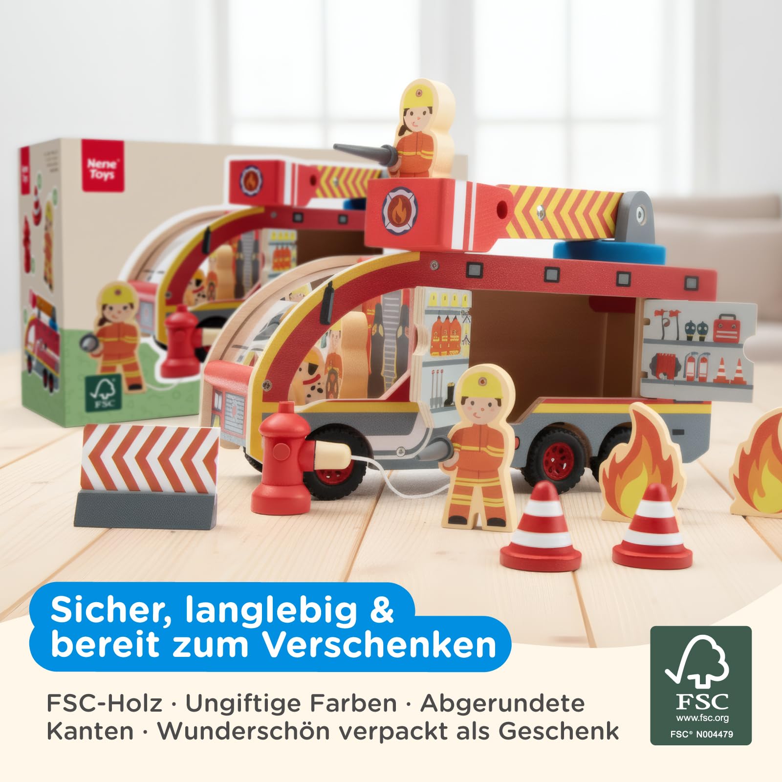 Nene Toys Holz-Feuerwehrauto für Kinder ab 2 Jahren – Feuerwehr Spielset mit 360° drehbarer Leiter & Korb, magnetischen Schläuchen, 3 Feuerwehrmännern & Dalmatiner – FSC-zertifiziertes Holzspielzeug