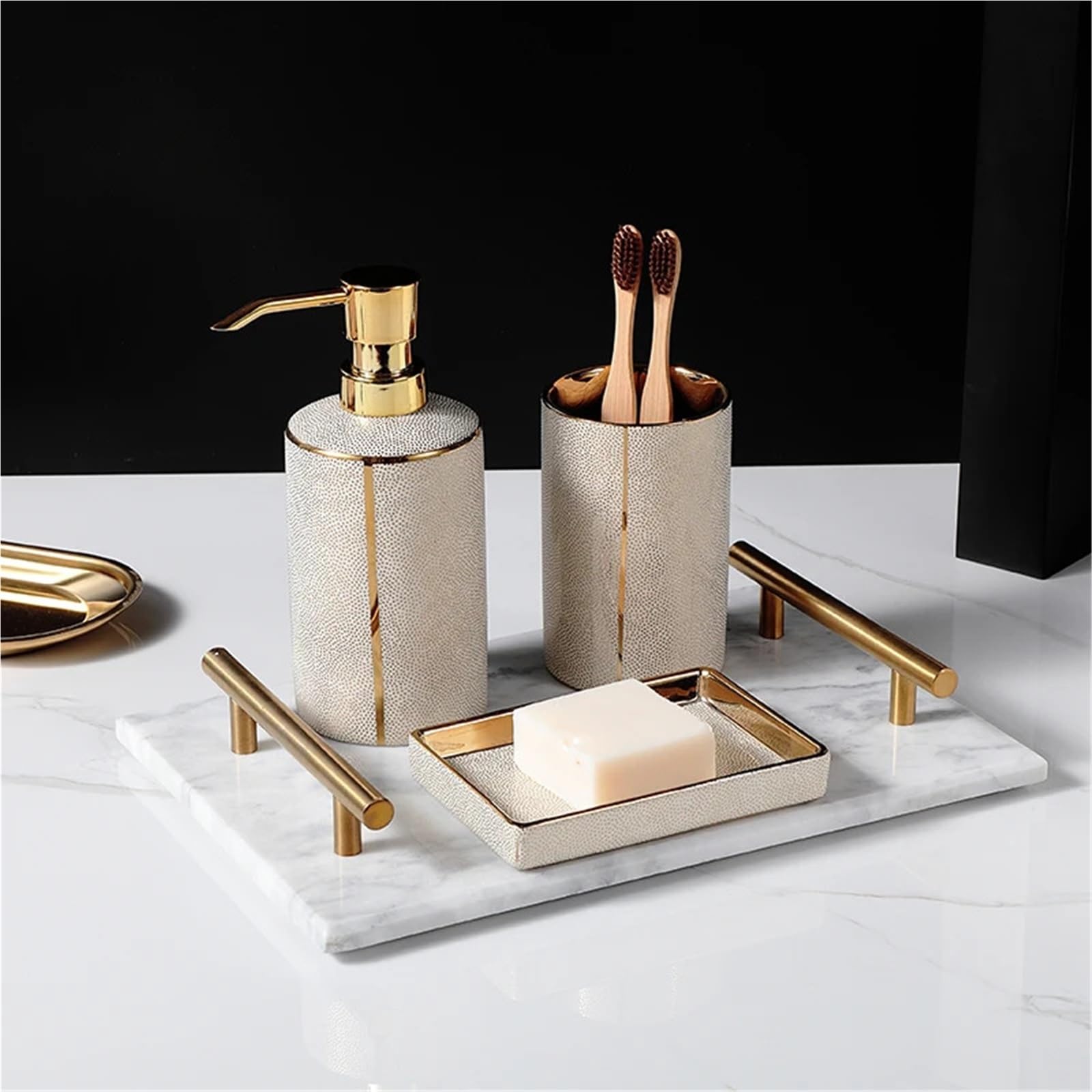 Juego de dispensador de jabón de baño de cerámica, dispensador de jabón líquido, botella de loción, soporte para cepillo de dientes, accesorios de baño dorados para decoración funcional y elegante