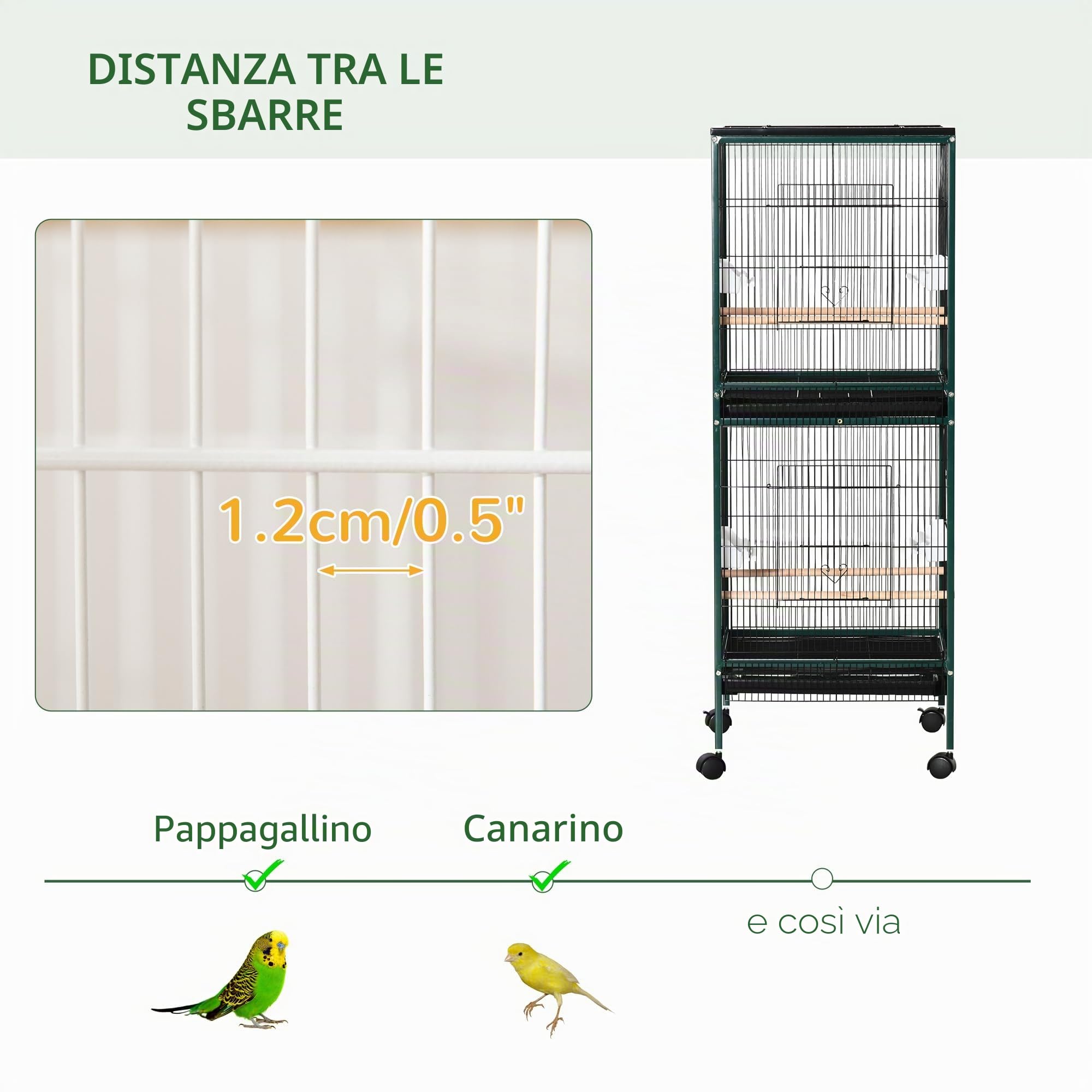 PawHut Gabbia per uccelli autoportante grande - voliera doppia con mangiatoie, posatoi, vassoio estraibile - rotelle - 51,5 x 50 x 140 cm verde nero
