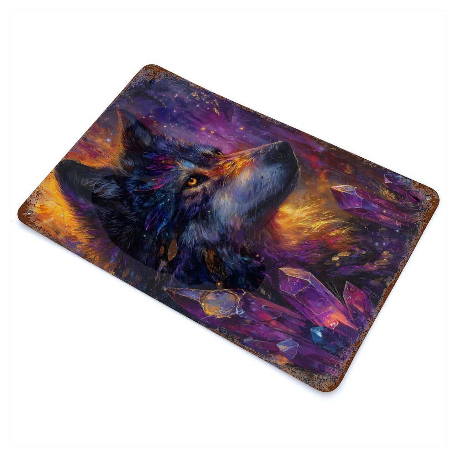 Rust Effect Mystical Wolf with Crystals Rustic Tin Plaque 11.8"x7.9", Decorative Metal Wall Art for Farmhouse, Kitchen And Entryway Decor