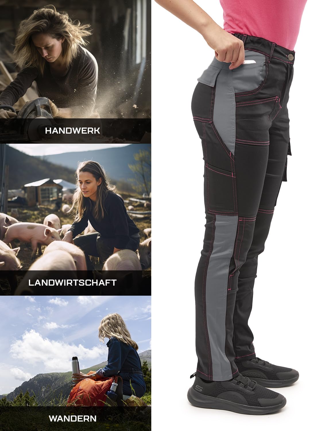 strongAnt® - Pantaloni Elastici da Lavoro Donna Grigio Nero - Pantaloni Magazzino Giardiniere, Tasca per Ginocchiere, Cerniera Lampo e Bottone in Metallo - Fatto nell'UE