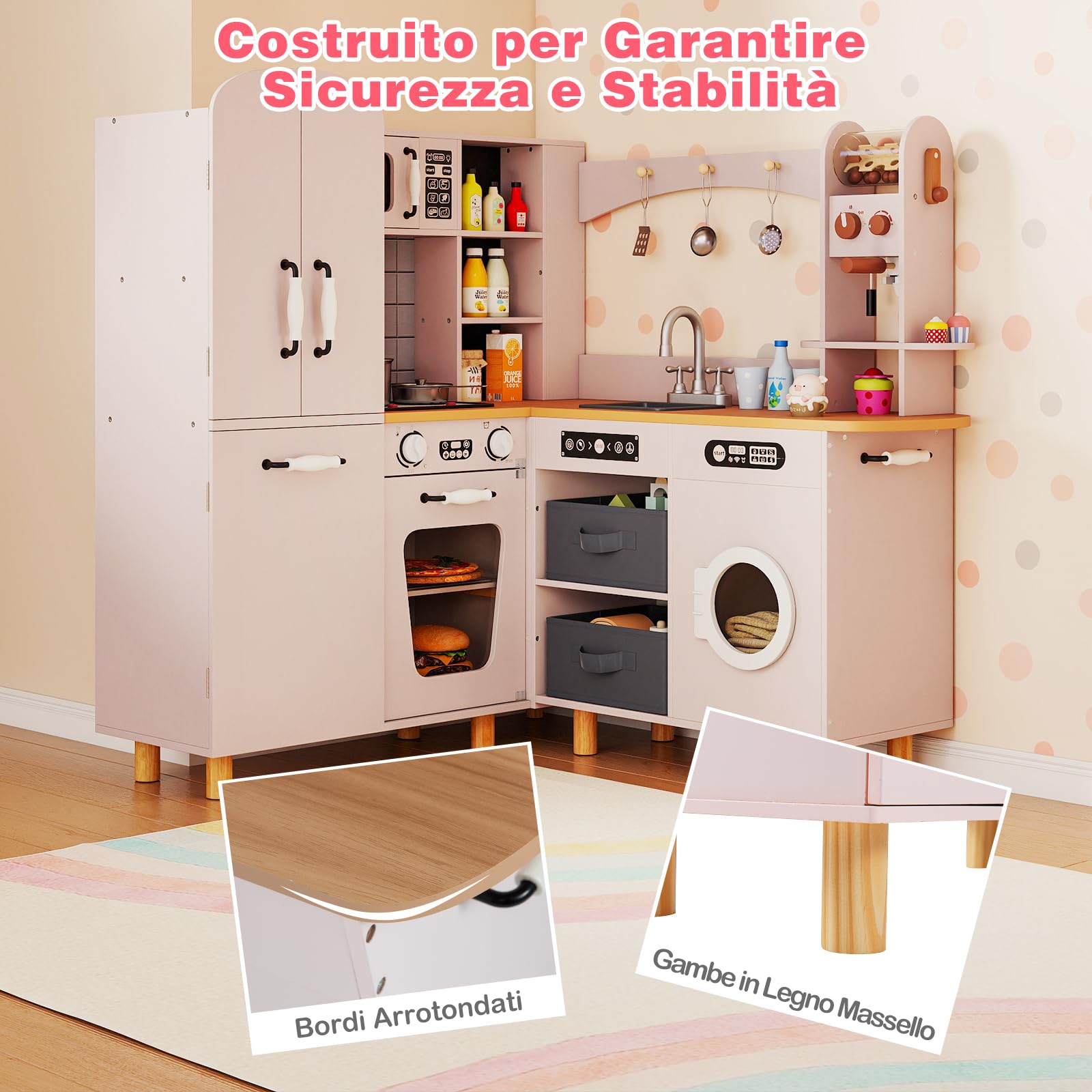 RELAX4LIFE Cucina Giocattolo per Bambini, Cucina ad Angolo in Legno, Effetti Suoni e Luci, Fornelli, Frigorifero, Macchina da Caffè, Lavatrice e Utensili, per Bambini 3+ Anni (Rosa)