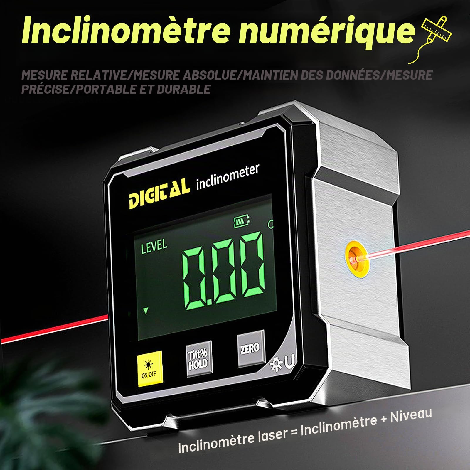 Inclinomètre Numérique Magnétique, Niveau Electronique USB Rechargeable avec Laser, 4 Faces Magnétiques Niveau Digital avec Écran LED pour Travail du Bois, Travaux, Construction, Machines