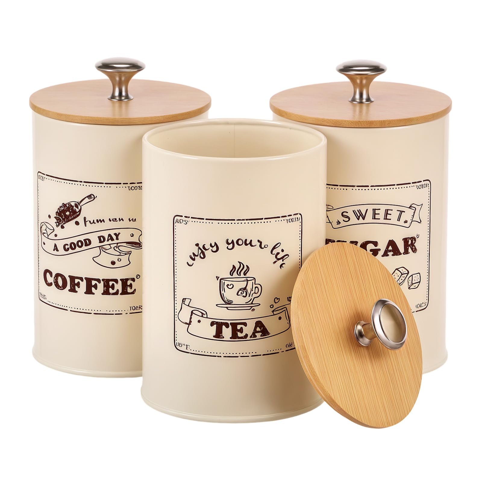 QINGLANG 3Pcs Tea Coffee Sugar Canisters Set Metal Vintage Teas and Coffee Canisters with Wooden Lid Kitchen Storage Tin Caddy Container Canister Jars for Kitchen Counter office