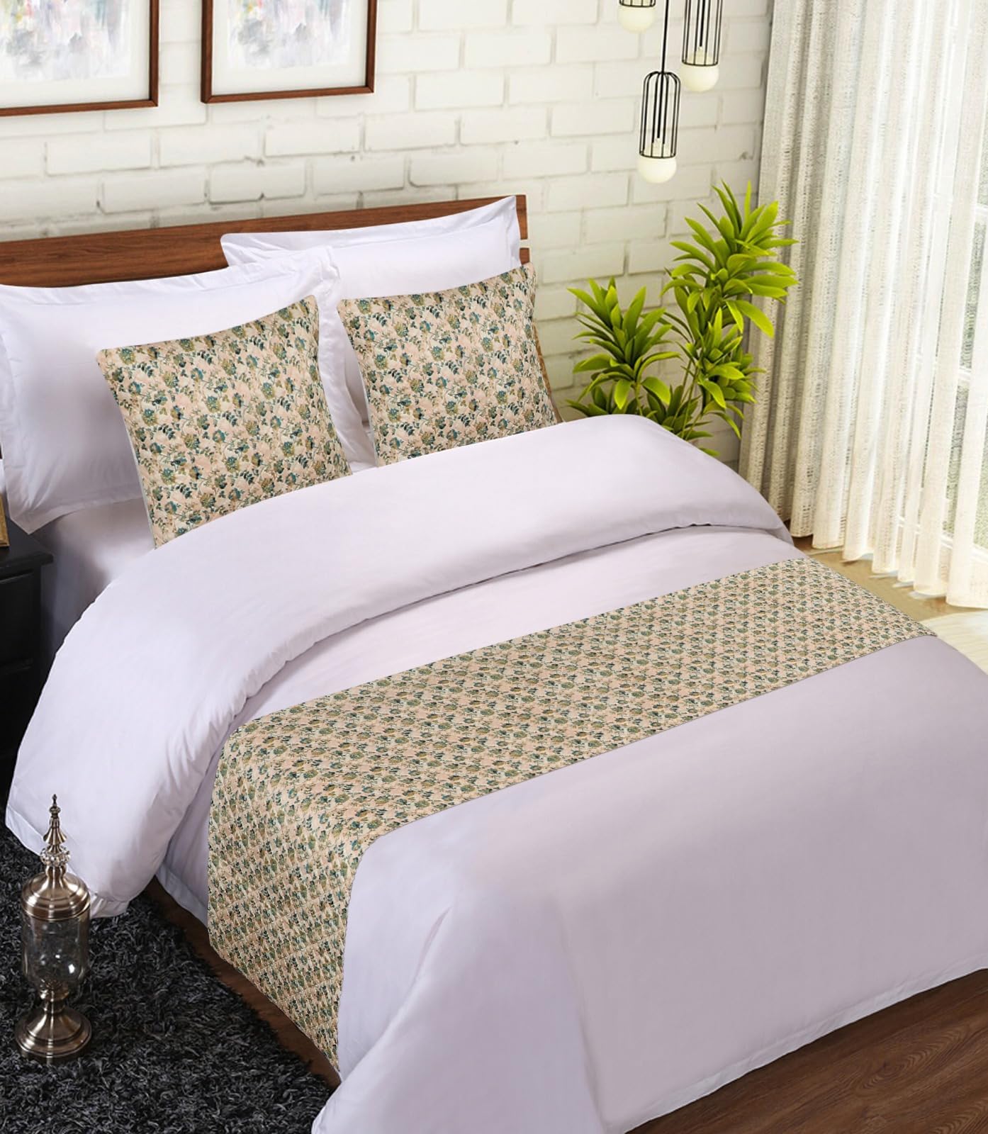 King Size Bed Runner with Cushion Cover Set, 3 Pieces, for Hotels and Homes, Runner 18x90 inches, Cushion 16x16 inches (Print: 10)-image-42