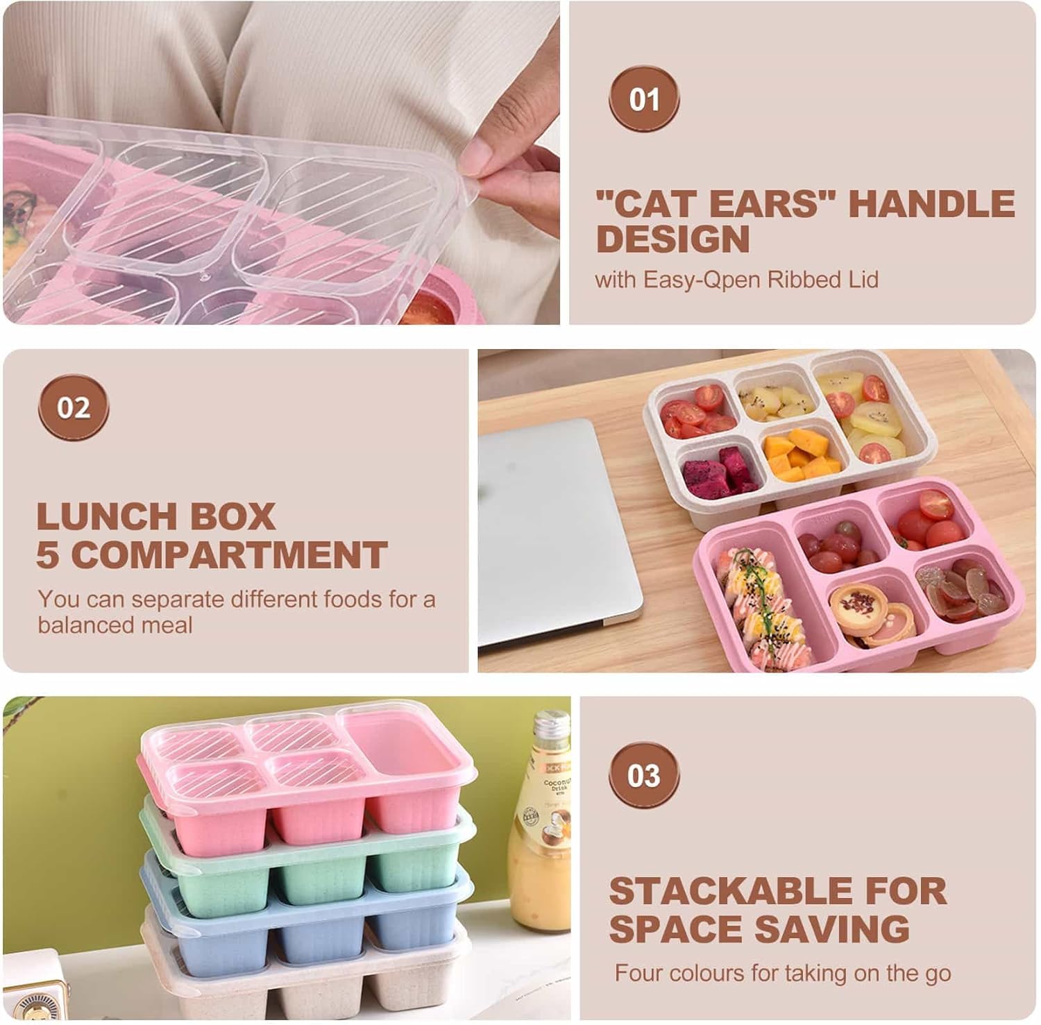 Eidoct 4 Pack Snack Containers, 5 Compartments Bento Snack Box - Image 3