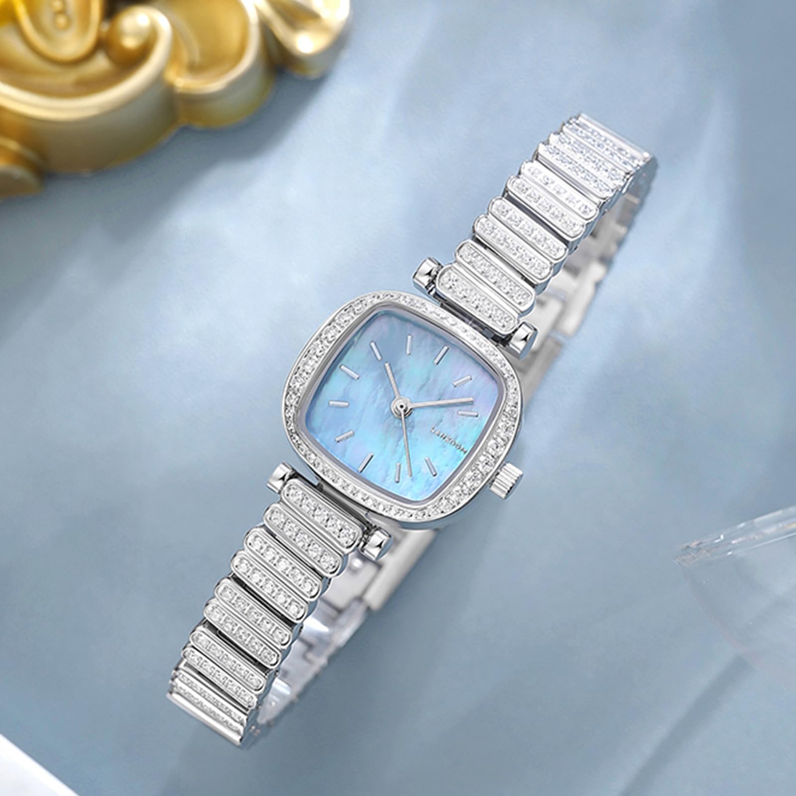 LANZOOM Diamant-Uhren für Damen, Gehäuse und Armband aus 316L-Edelstahl, Damenuhren mit blauem Perlmutt-Zifferblatt, silberfarbene Uhr, luxuriös, modisch, lässig, silber/blue