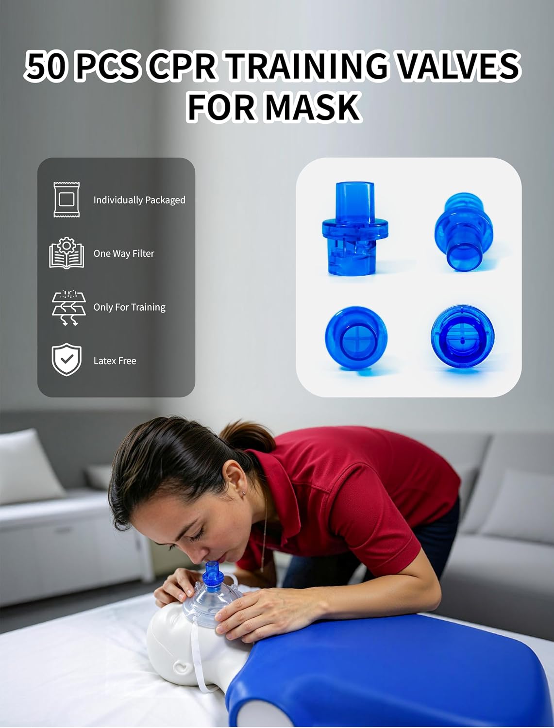50pcs CPR Mask Training Valves, Training Only, One Way Valve for CPR Training Mask - Separately Packaged - Blue Color