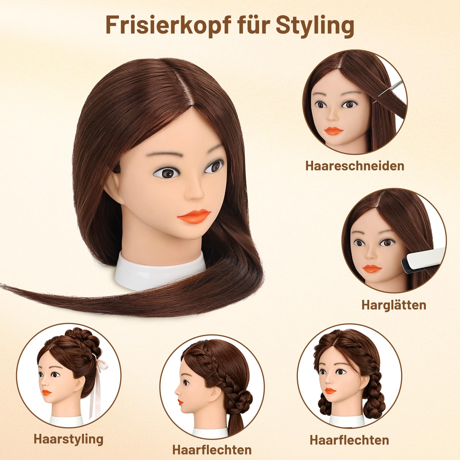 TwoWin Friseurkopf mit Haaren 26 Zoll 66 cm 80% Echthaar Mannequin Kopf Trainingskopf für Styling Friseurpraxis Dunkel Braun