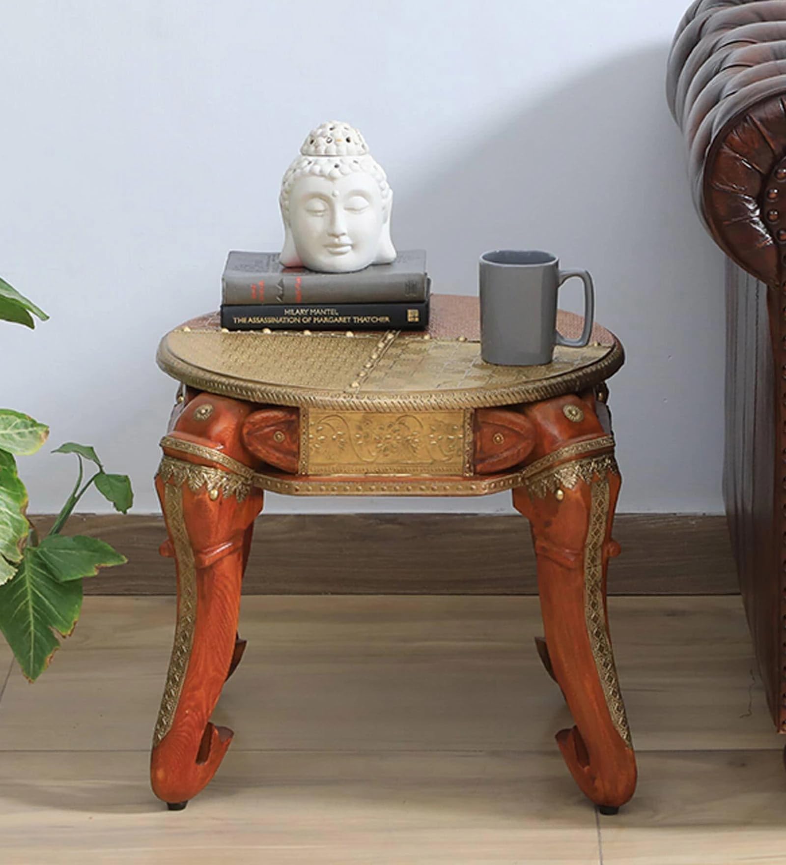UJJWAL WOODUJJWAL WOOD Sofa Side Handpolished Elephant End Table Inley Brass for Coffee or Mobile Snack Table for Home and Office (Solid Wood)