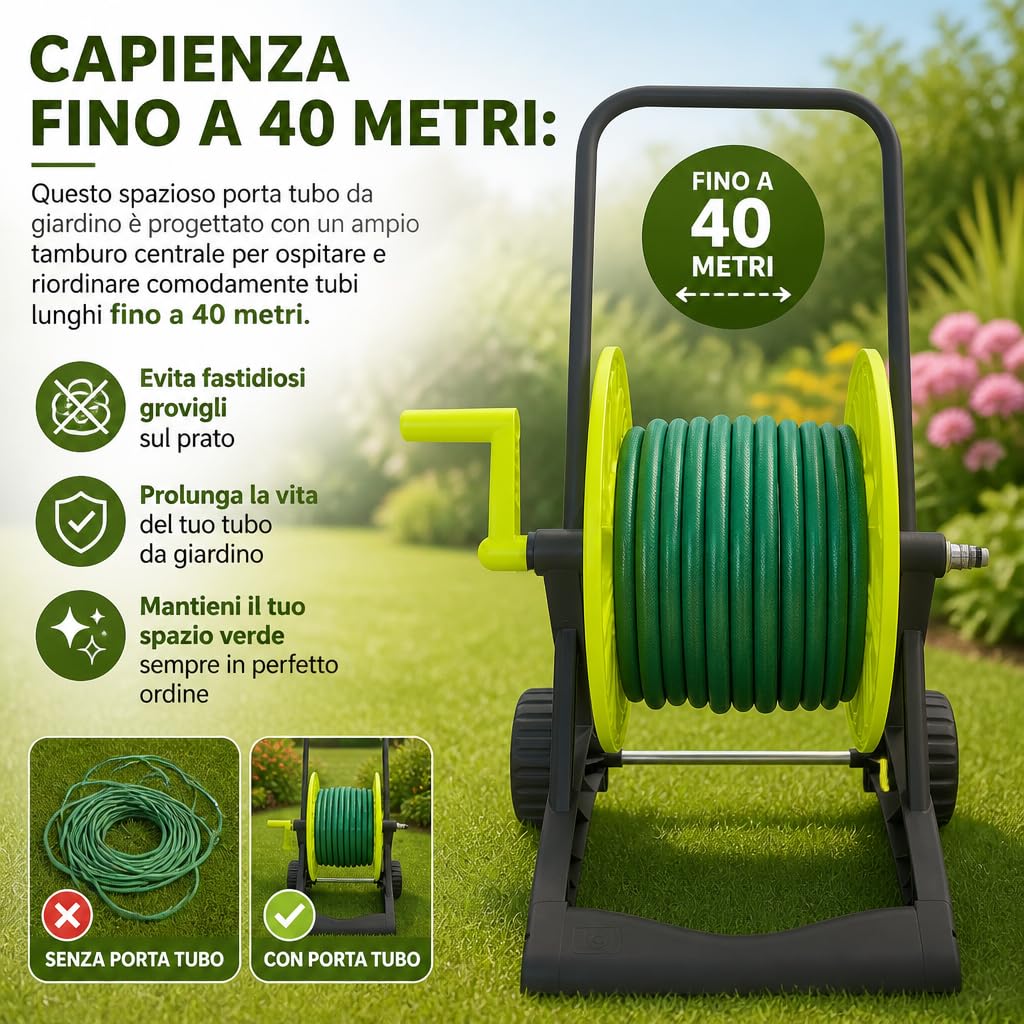Idroeasy, Kit Carrello Avvolgitubo da Giardino con Tubo Acqua Giardino 30 Metri Superleggero 5/8" (18 bar) – Canna Acqua Anti-Nodo con Doccetta 6 Funzioni e Raccordi, Porta Tubo Made in Italy