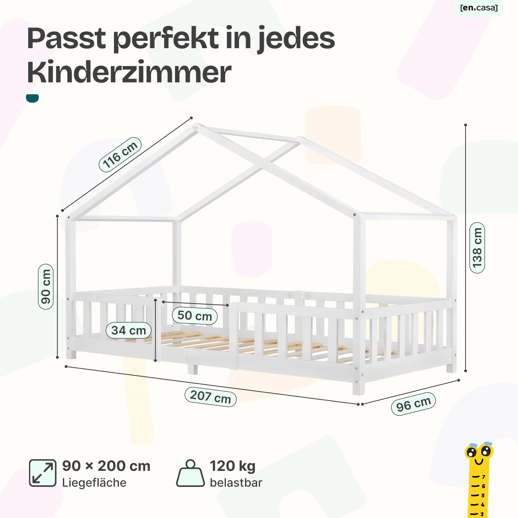 [en.casa] Kinderbett Treviolo 90x200 cm Weiß | Hausbett, Montessori, Holzbett für Kinder, Bettgestell mit Lattenrost, Kiefernholz