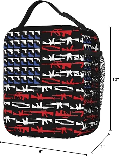 Vista 10 de PrelerDIY Lonchera con forma de pistola de tiro con la bandera estadounidense, bolsas de almuerzo aisladas para mujereshombresniñasniños con asa