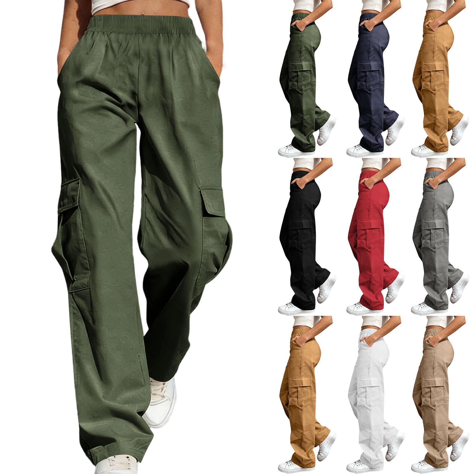 Pantalones cargo para mujer, cintura alta, pierna ancha, pantalones de combate con múltiples bolsillos, pantalones rectos, holgados, holgados, para el trabajo, ropa casual para uso diario, senderismo