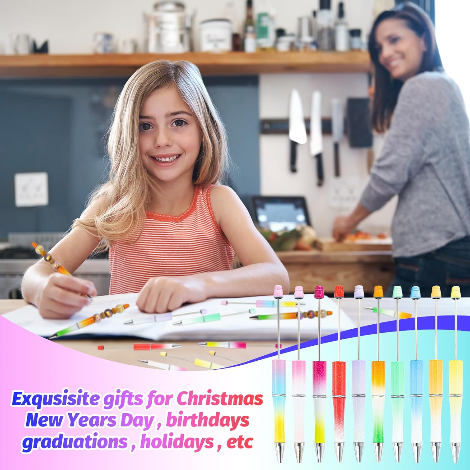 300 Pieces DIY Beadable Pens Kit - 100 plastic Beadable Pens Bulk, Refills & pen bags Included - Beaded Pens Black Ink Ballpoint Cute Pens（Gradient）