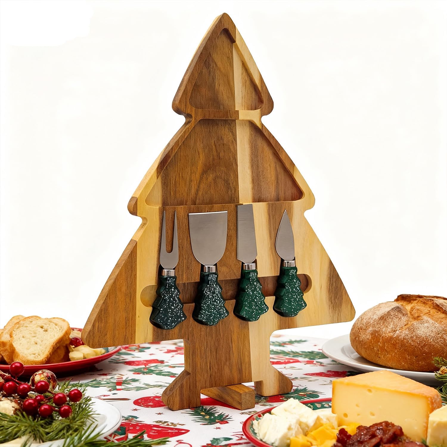 17.3'' Xmas Tree Charcuterie Board Set – Dual-Side Acacia Wood Serving Tray & Cutting Board with 4 Magnetic Knives, Rotating Base – Festive Cheese Platter for Christmas Snacks, Hostess Gift