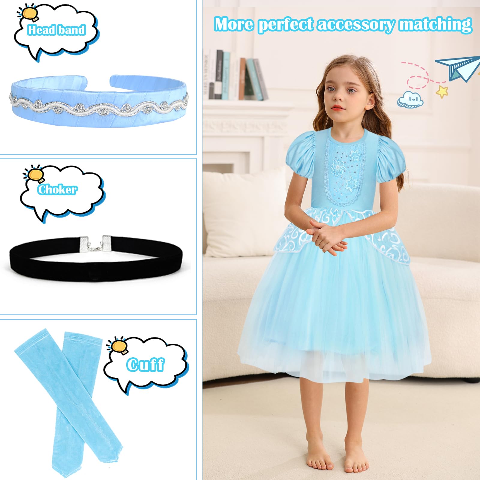 Berich Blue Princess Dress for Girls Dress up with Headband Kids Halloween Outfits Christmas Gifts World Book Day Costumes Princess Costumes for Girls 4-5 Years(Blue,110) - Image 3