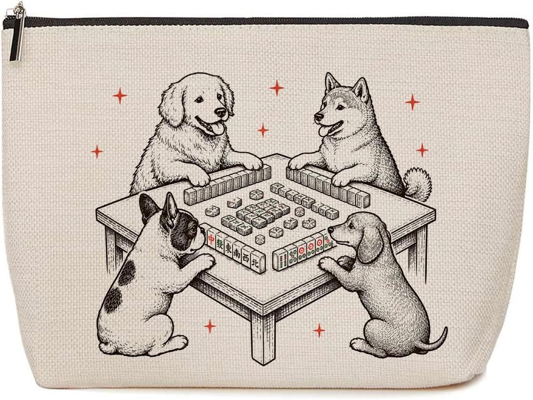 Dogs Playing Mahjong Makeup Bag Gift for Dog Lovers Funny Cosmetic Bag