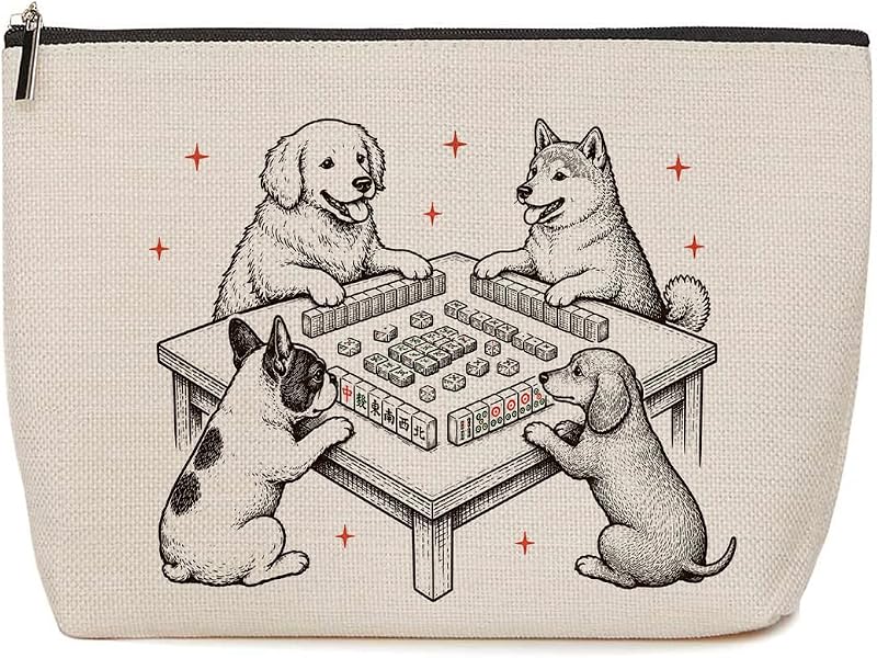 Necessaire de maquiagem Lovdazzles com estampa de cães jogando mahjong, fechamento com zíper