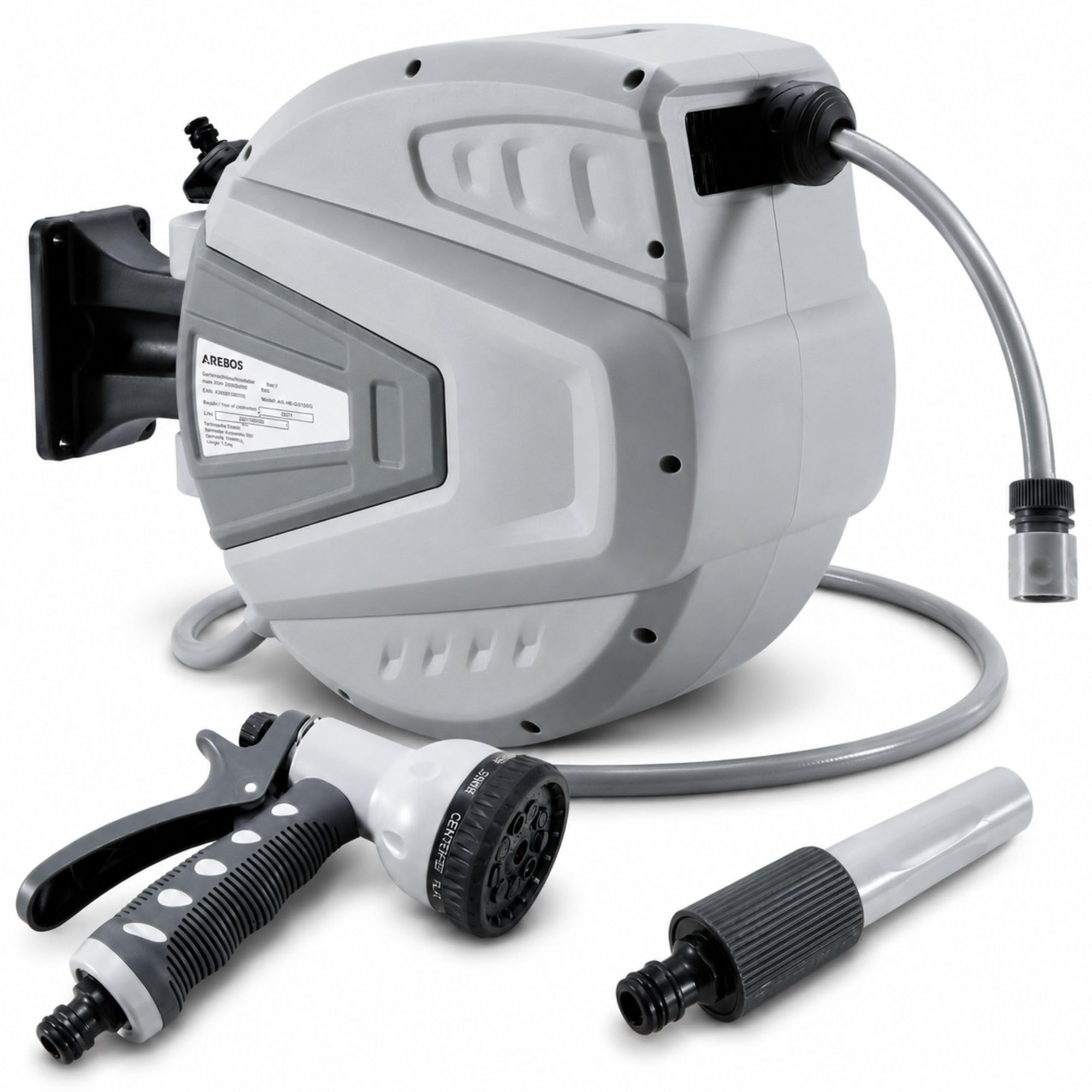 AREBOS Schlauchaufroller 30m | Schlauchtrommel Wandschlauchbox mit Wandhalterung | Gartenschlauch Automatischer Aufrollmechanismus & Arretierstop | 9 Sprühfunktionen 180° Schwenkbar | Grau
