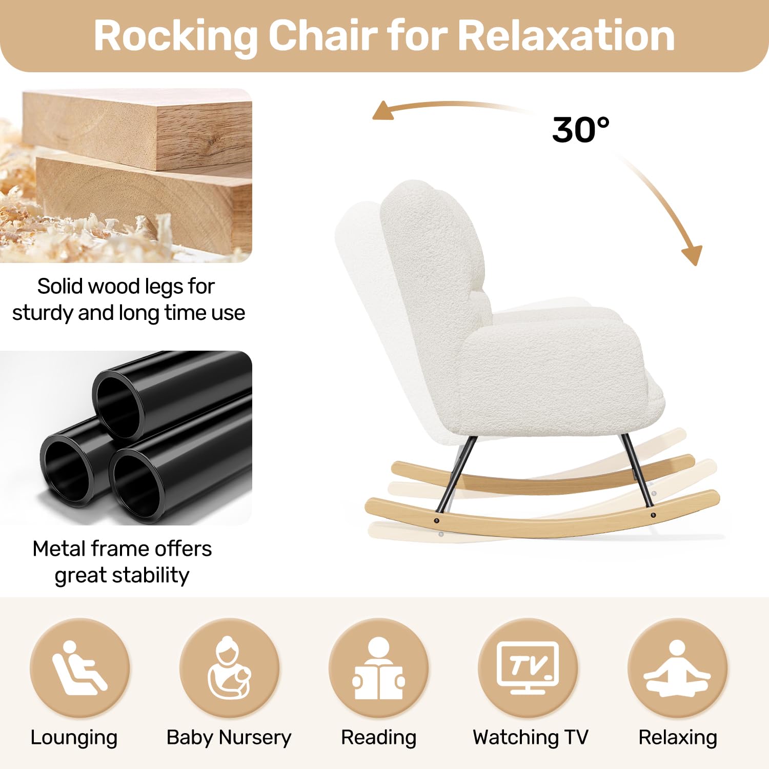 Hawthyhome Schaukelstuhl Relaxstuhl Sessel Stuhl Wohnzimmersessel, Schaukelsessel Gepolsterter Schwingsessel bis 136 kg belastbar Weiß Lounge Chair fürs Wohnzimmer Schlafzimmer Balkon