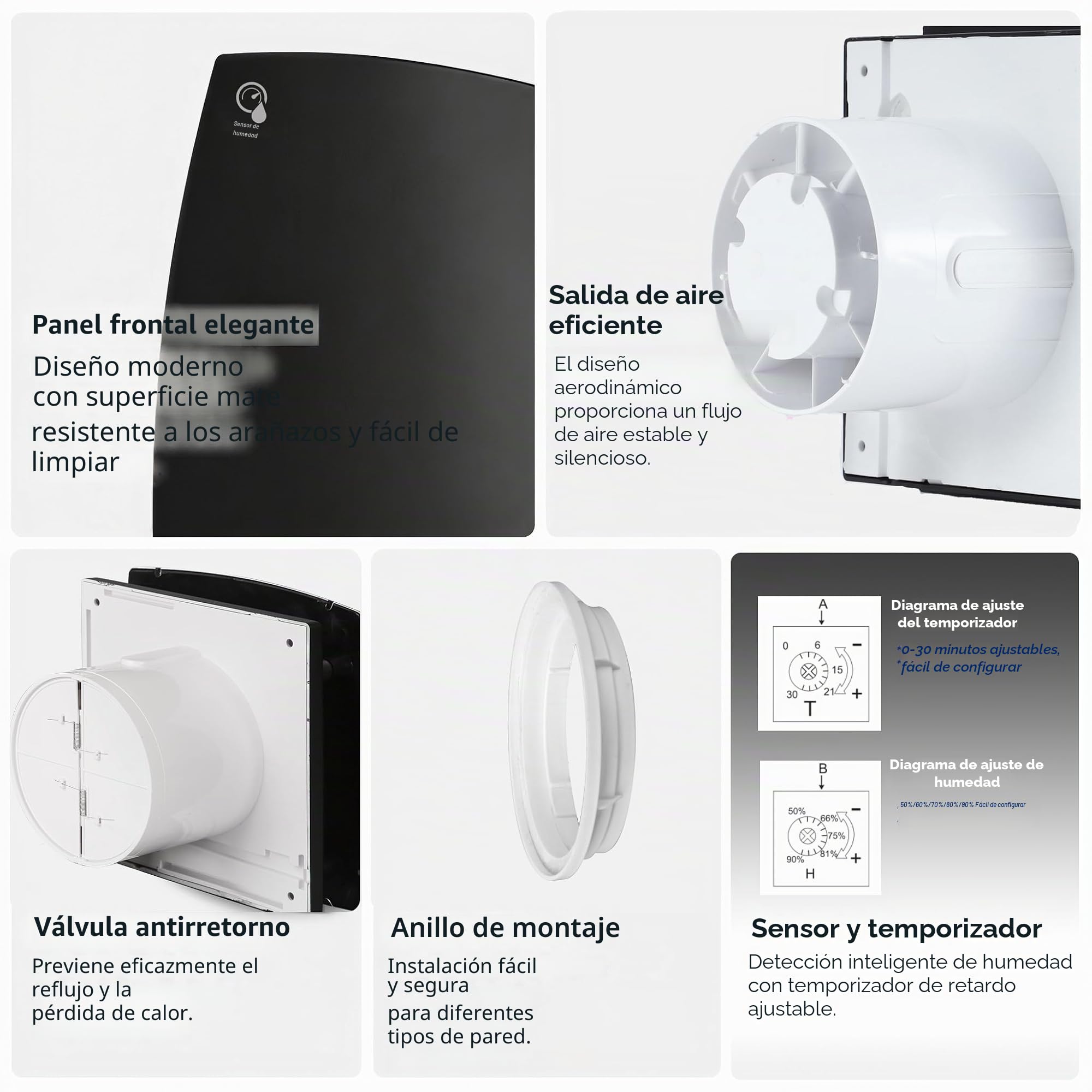 Ventilador de baño negro con sensor de humedad de 150 mm, ventilador extractor de aire con válvula antirretorno, anillo de montaje de ventanas para cocina, inodoro, baño