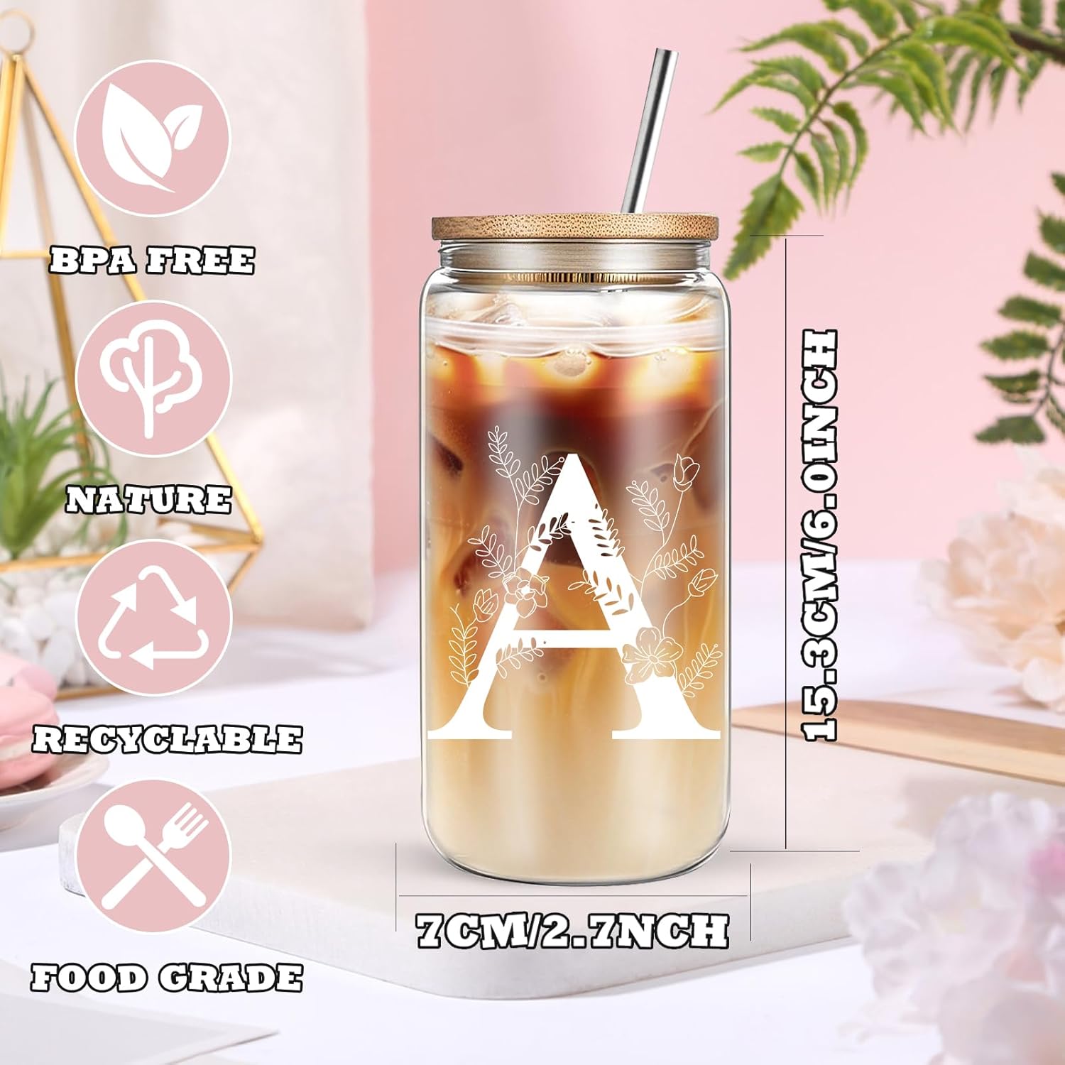 Unique Initial Glass Cup with Lids and Straws, Monogrammed Gifts Box Included Makeup Bag, Valentines Day Mothers Day Birthday Gifts for Women Mom Sister Grandma, A - Image 2