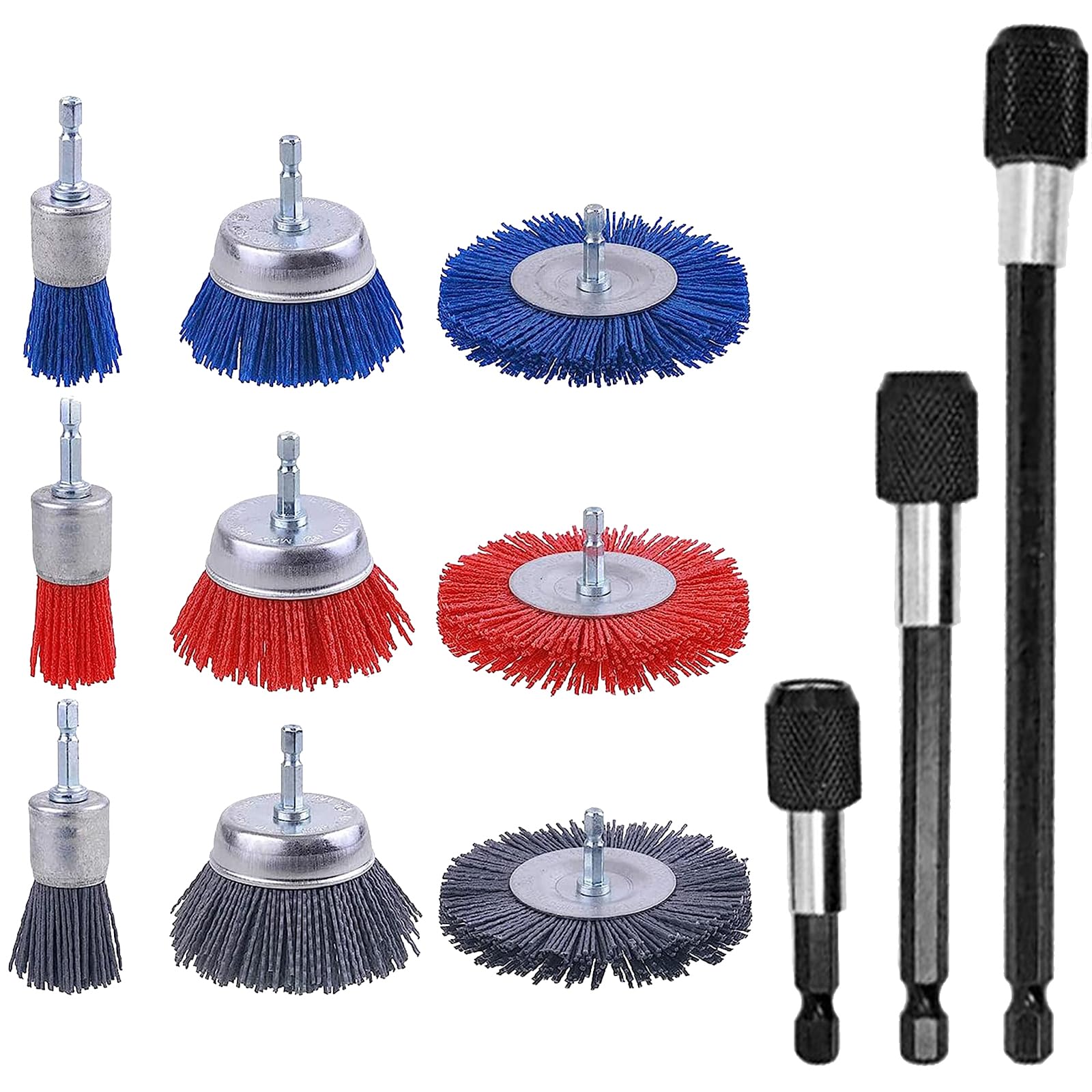 GIONAR 9 piezas de lijado para taladro, cepillo de nailon con vástago hexagonal de 1/4 pulgadas, cepillo de olla, alambre de lijado, óxido efectivo, corrosión y eliminación de color para
