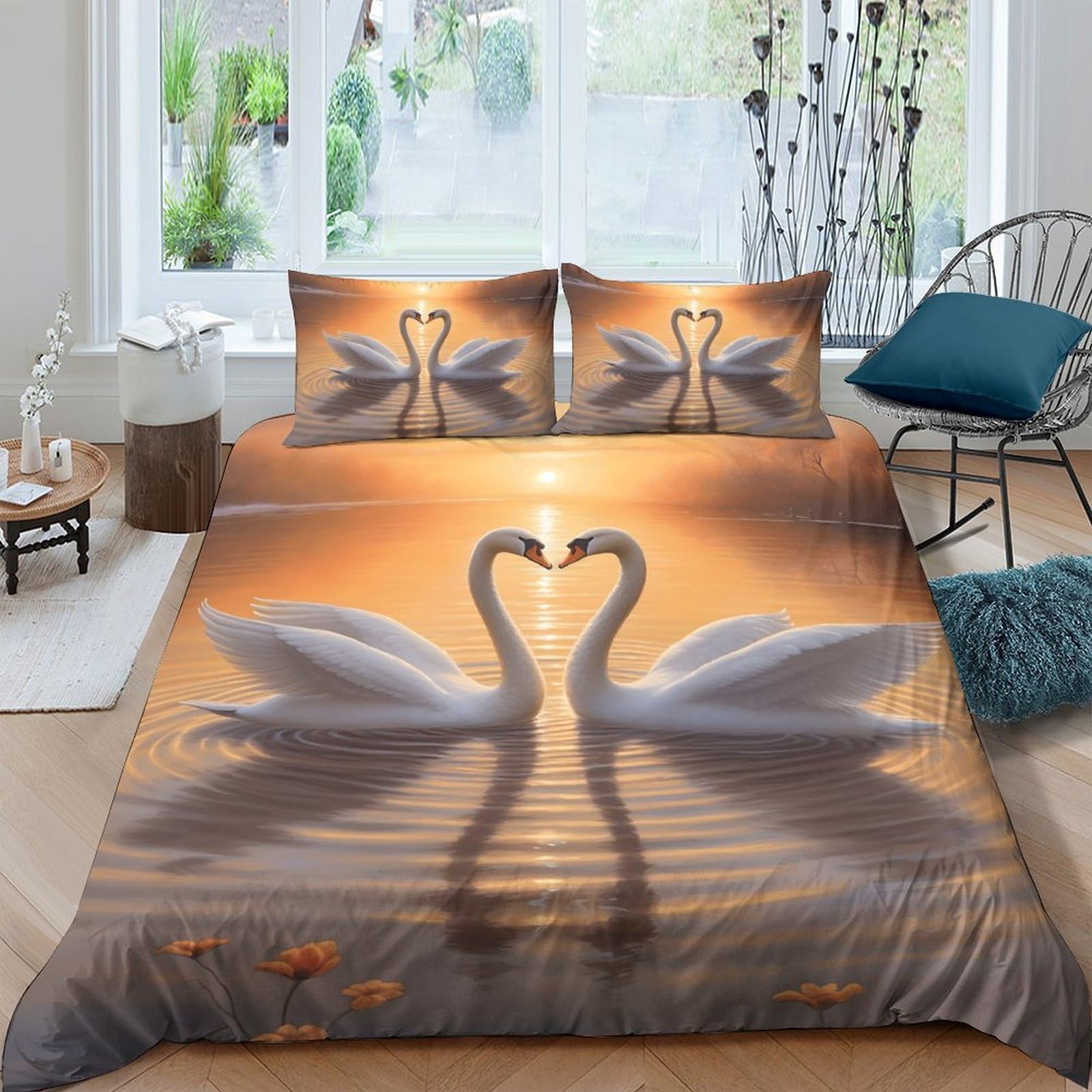 Ctjqhvkz Style-10 3D Printed Swan Sunset Fitted Sheet Microfiber Soft Decorative Lake Bird Mattress Cover For Bedroom Guest Room Single（135X200cm）