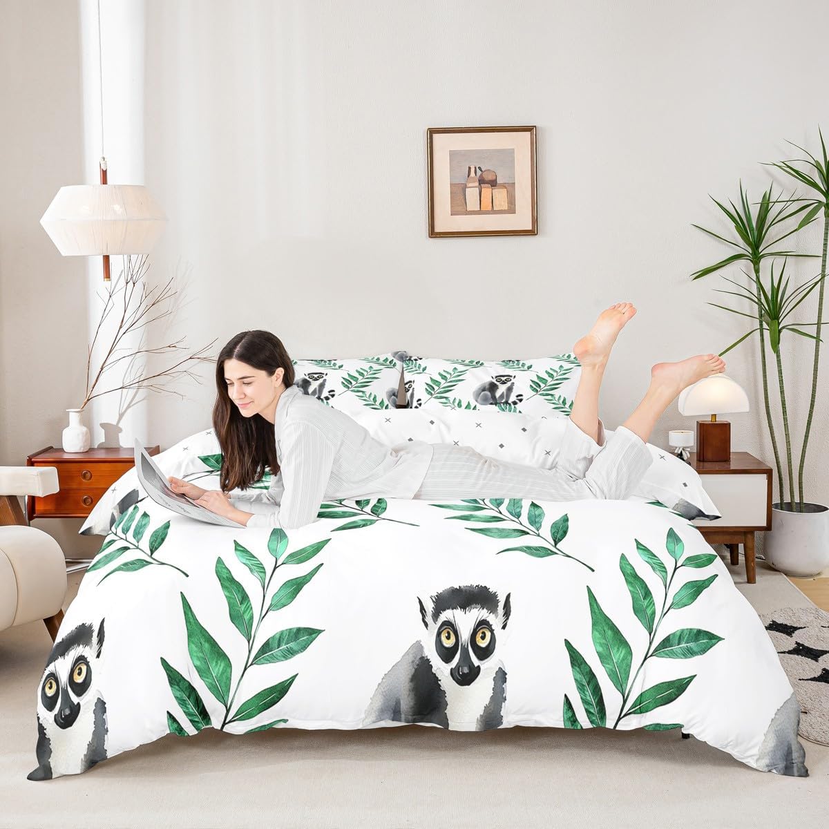 Erosebridal Madagascar Comforter Cover Lovely Lemur Pattern Bedding Set Twin Size for Kids Boys Girls Teens Jungle Foliage Leaves Duvet Cover Cute Animal Aloha Botanical Quilt Cover