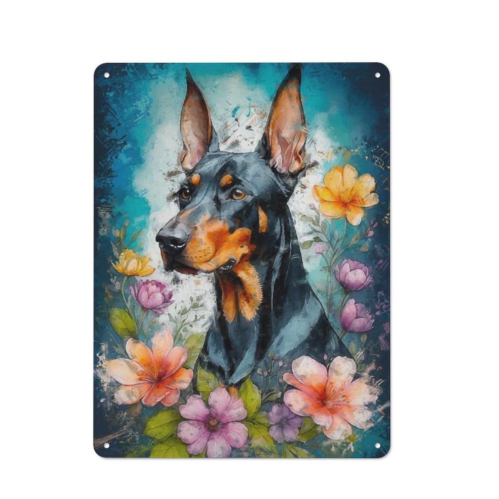 Junmoney Doberman In Bloom Tin Wall Plaque 40X30cm With For Hallway Wall, For Home Interiors, Feature Walls And Decorative Displays