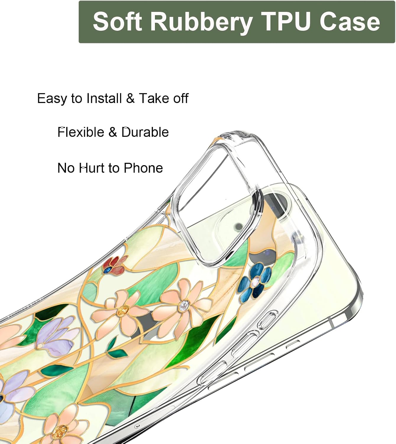 Unov Case for iPhone 15 Case Clear with Design Embossed Floral Pattern Soft TPU Bumper Slim Protective 6.1 Inch (Stained Glass Flower) - Image 5