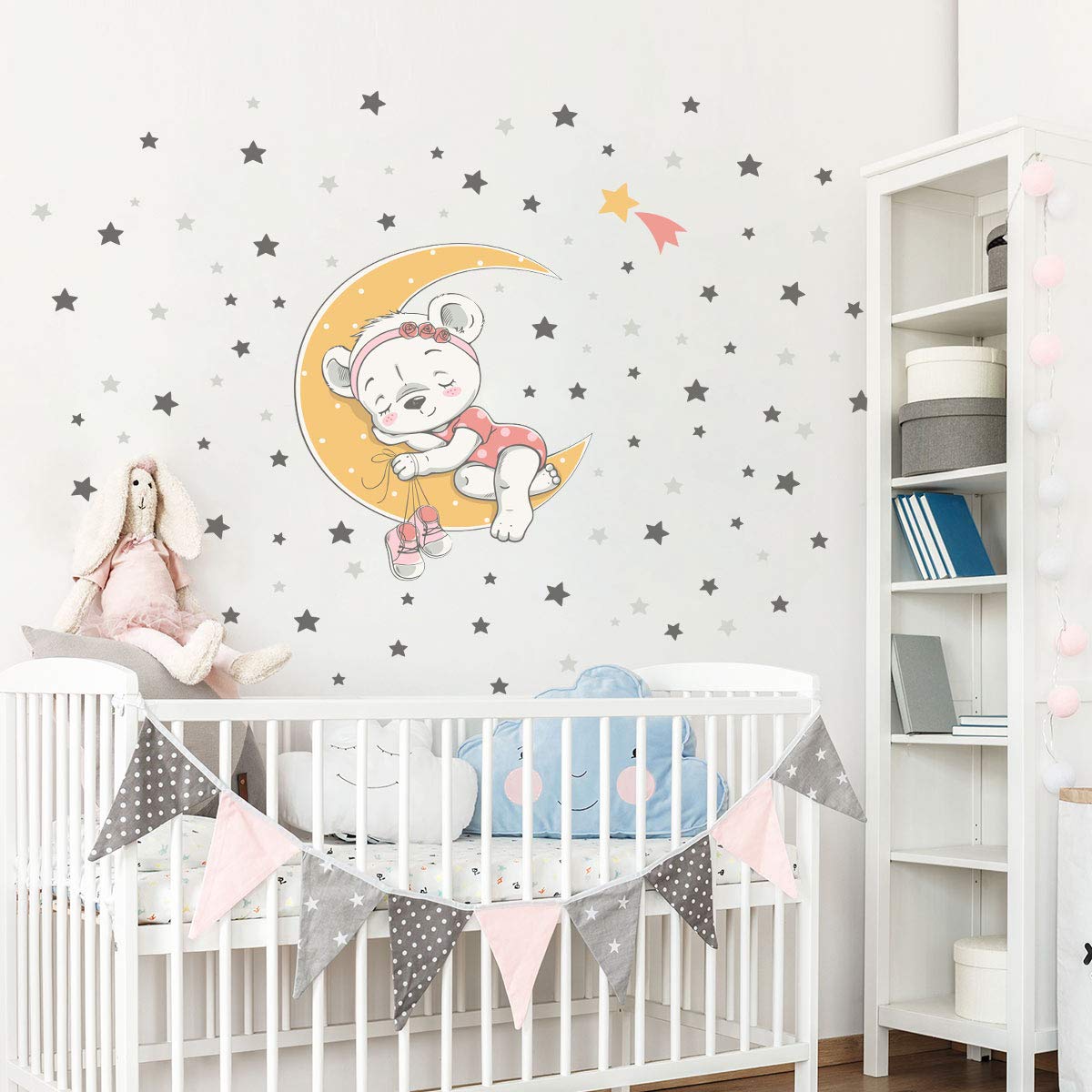 Children's Wall Stickers, Baby Room Decoration, Children's Wall Stickers, Wall Sticker Bear on The Moon + 100 Stars - Image 3