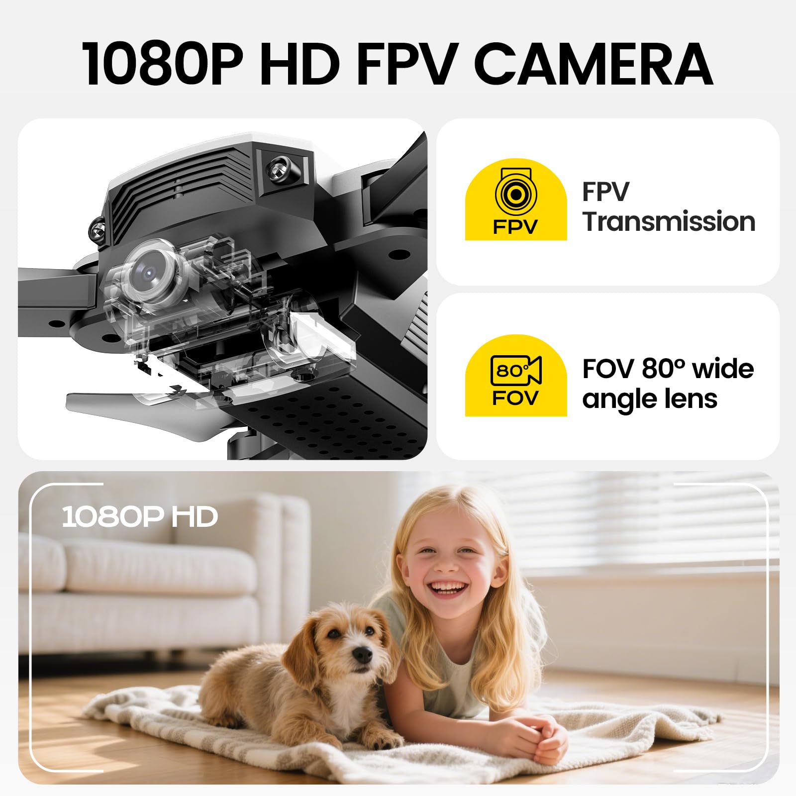 DEERC Mini Drone avec caméra quadricoptère 1080P pour enfants ou adultes avec 2 batteries, pliable, commutation automatique de la souris, contrôle vocal/gestuel, contrôle de la vitesse D20 Bleu