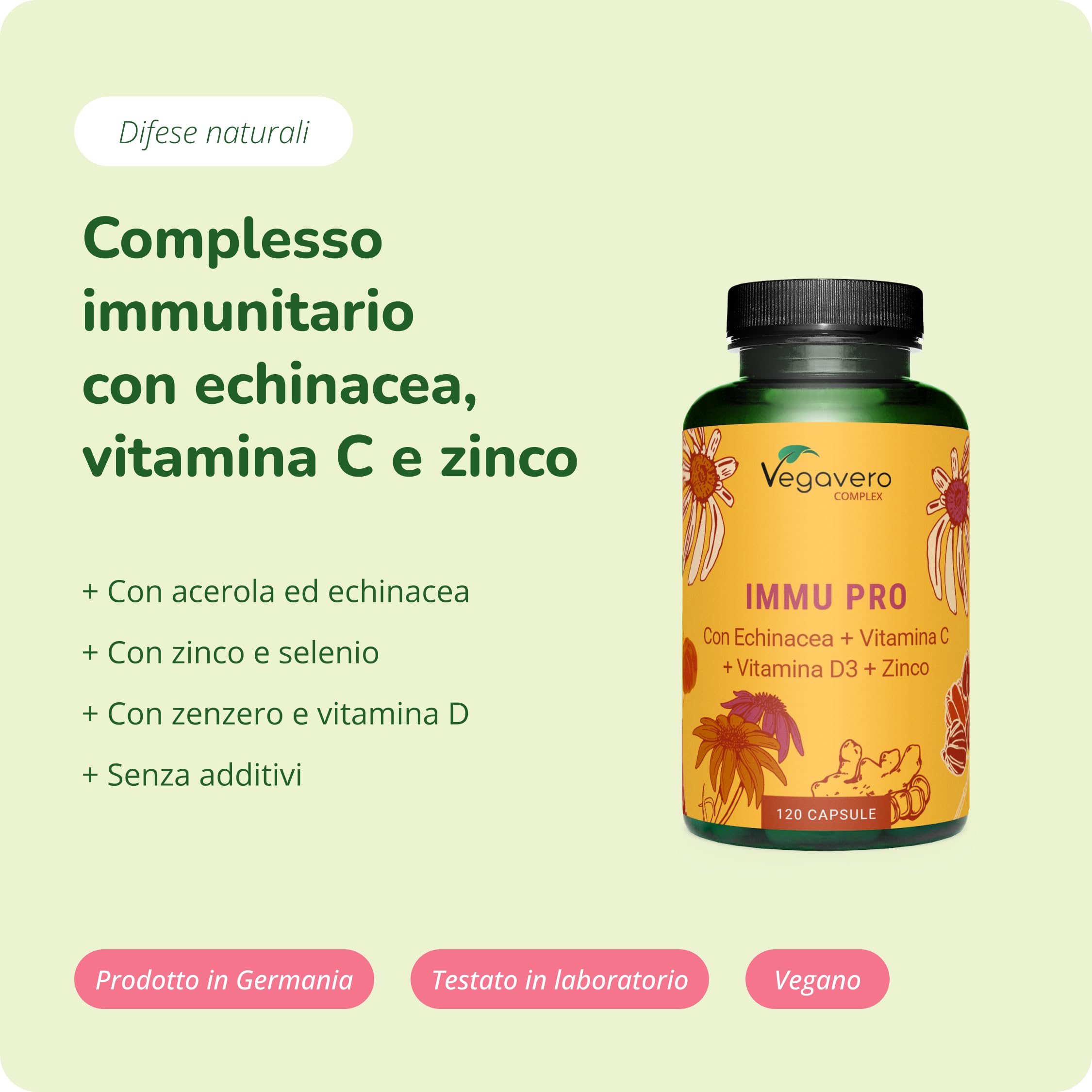 Vegavero Difese Immunitarie Adulti | 120 capsule | con Echinacea, Vitamina C, D3, Zinco e Selenio | Senza Additivi e Certificato in Laboratorio | Rinforzo Sistema Immunitario
