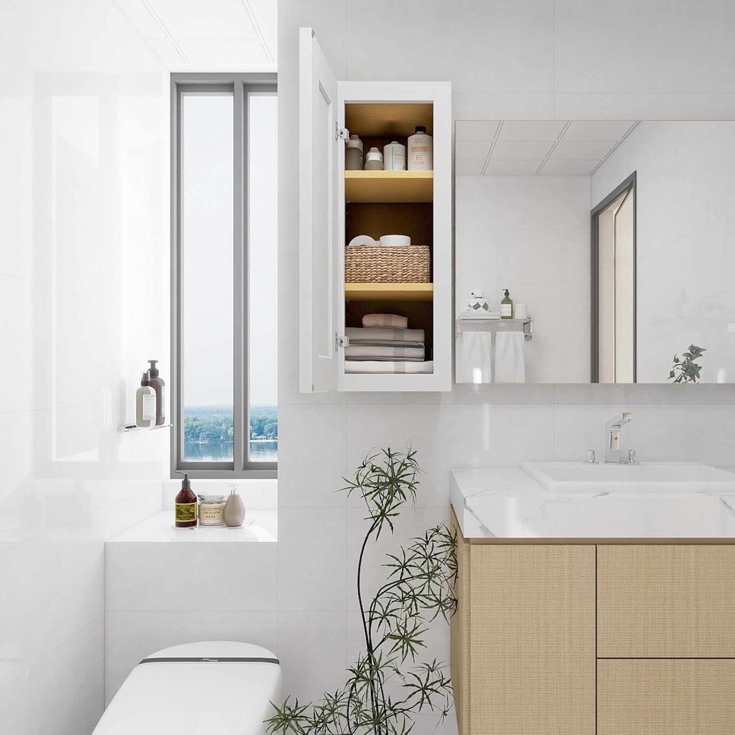 Small Bathroom Cabinets, Solid Wood Over the Toilet Storage Cabinet, Wall Mounted Organizers with Single Shaker Door & Shelves, Easy Assembly for Kitchen, Laundry Room, Corner(12”W×12”D×30”H) - White