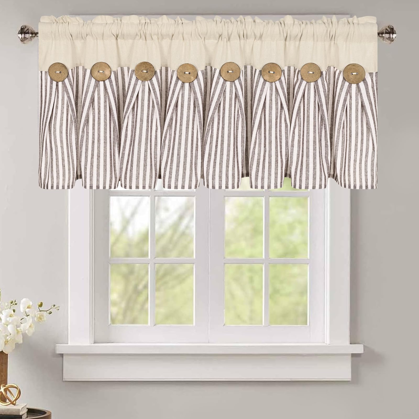 ASPMIZ Cotton Linen Kitchen Valance Curtains, Boho Rustic Button Valances for Windows Farmhouse Style, Brown Stripe Valance Window Treatments Tiers, Window Valances for Bathroom Cafe, 52 x 18 Inch
