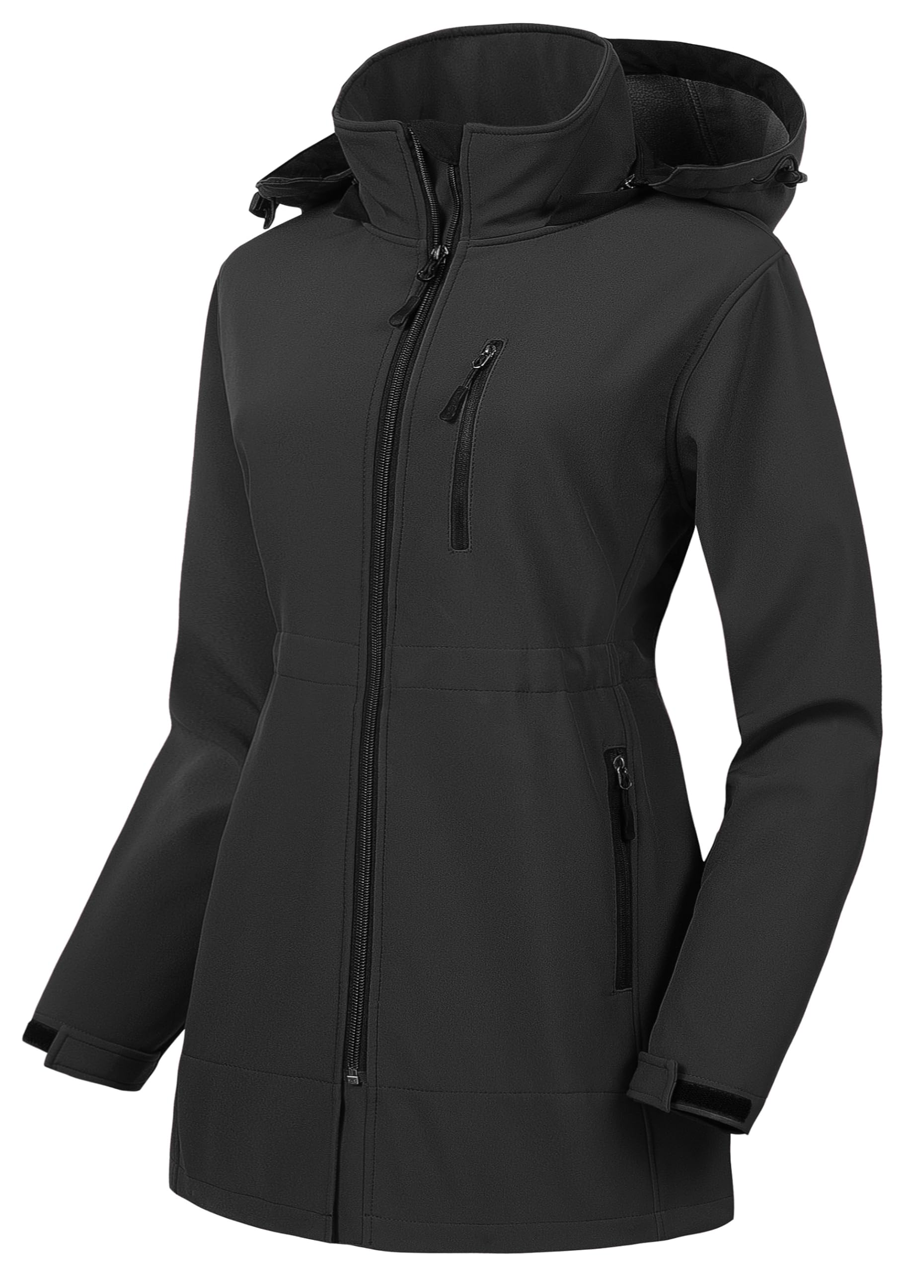 CREATMO US Womens Plus Size Long Softshell Jacket Waterproof Fleece Lined Rain Jacket Lightweight Windbreaker With Hood