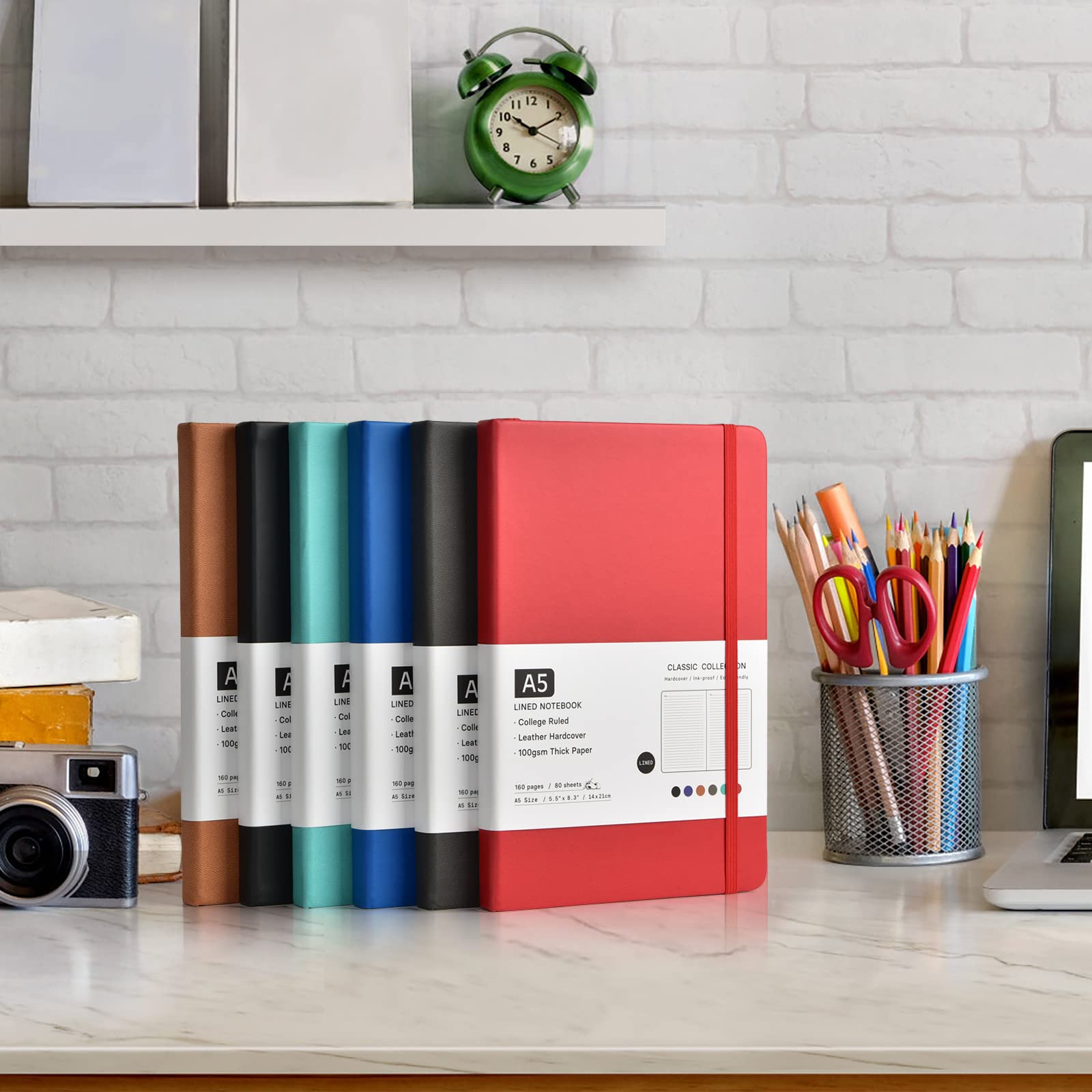 Mototo Quaderni universitari a righe, in pelle, copertina rigida, a righe, per ufficio, scuola, casa, lavoro, 21,1 x 14 cm, carta spessa 100 g/m², 160 pagine (multicolore, A5)