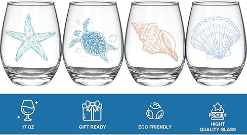 Miniatura 3 de Copas de vino sin tallo con temática oceánica, juego de 4 cristalería de orilla del mar, tortuga marina, estrella de mar, conchas marinas, surtido