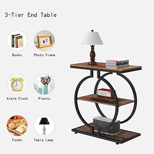 Miniatura 5 de GiftGo Mesa auxiliar estrecha con base geométrica en forma de O, mesa auxiliar industrial vintage para sala de estar, mesita de noche delgada para