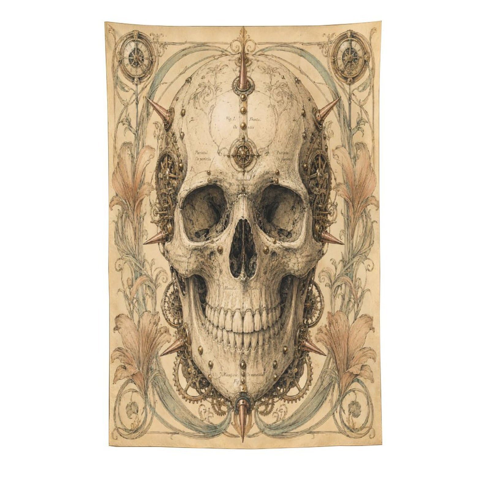 W7C8U2X3 Ornate Skull with Clockwork Wall Tapestry, Gothic Oil, Bed