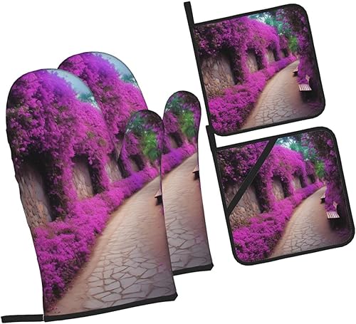 Miniatura 2 de Purple Floral Blooming Path Print Oven Mitts and Pot Holders Heat Resistant Oven Gloves and Hot Pads Gloves Set for Baking