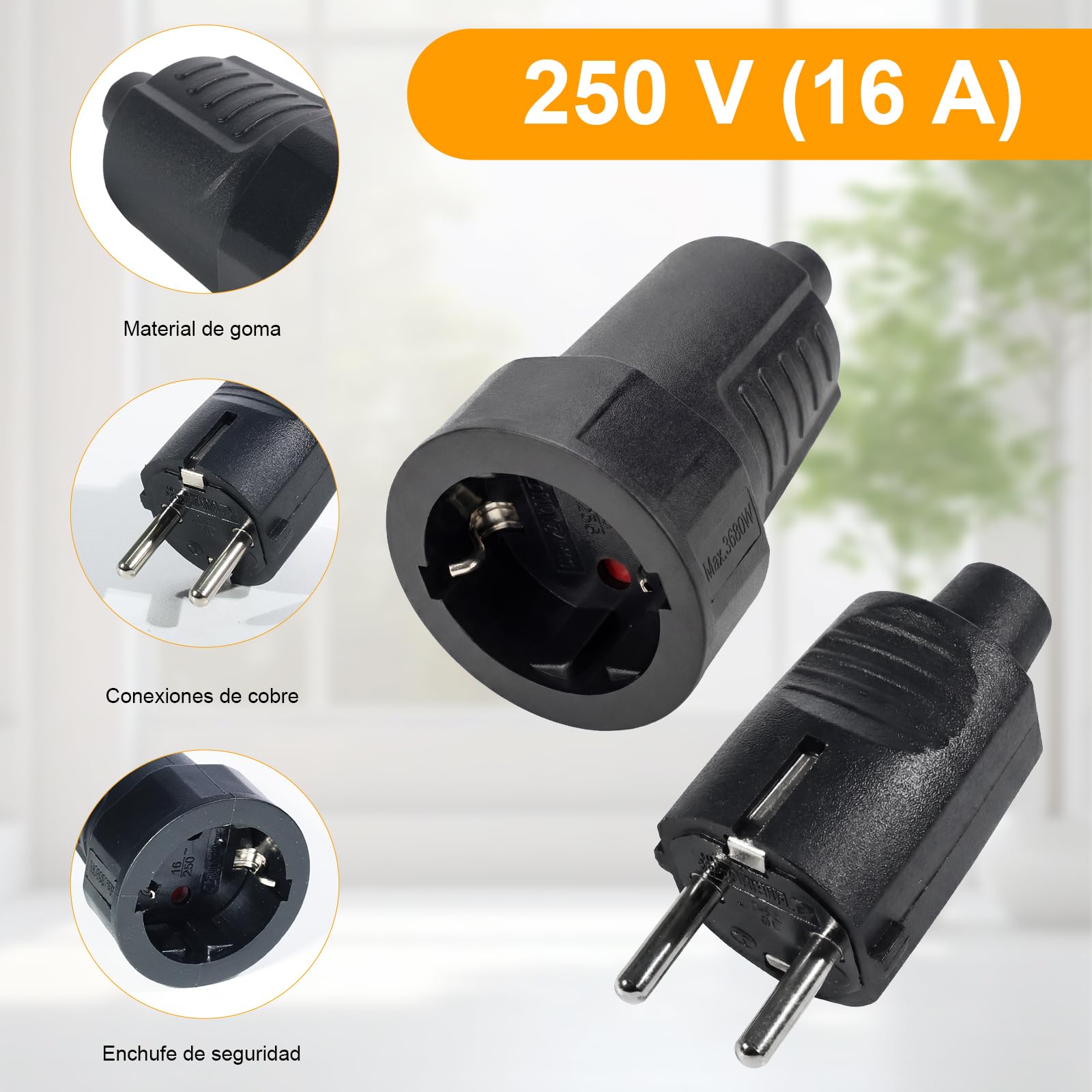 Kit de 3 Enchufes Schuko 250V IP44 – Clavija Enchufe Macho y Hembra con Alivio de Tensión para Interior y Exterior, 16A | 2 polos | Carcasa de Goma (Negro)